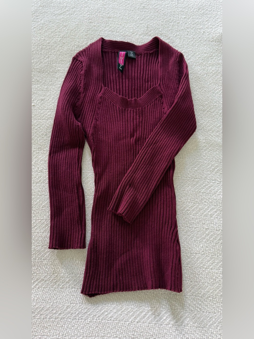 Burgundy Ribbed V-Neck Super Stretchy Knit Sweater
